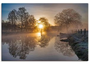 4062144642665 - Wandbild ARTLAND Mystischer Morgen an der Trave Bilder Gr B H 90 cm x 60 cm Leinwandbild Bilder vom Sonnenuntergang & -aufgang Querformat 1 St beige (naturfarben) Kunstdrucke als Alubild Leinwandbild Wandaufkleber oder Poster in versch Größen