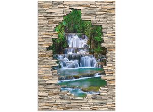 4062144713532 - Wandbild ARTLAND Tiefen Wald Wasserfall Stein Mauer Blick Bilder Gr B H 90 cm x 130 cm Alu-Dibond-Druck Wasserfallbilder Hochformat 1 St grün Kunstdrucke als Alubild Leinwandbild Wandaufkleber oder Poster in versch Größen