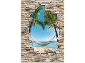 4062144713648 - Wandbild ARTLAND Palmenstrand Karibik Hängematte Stein Bilder Gr B H 90 cm x 130 cm Alu-Dibond-Druck Karibikbilder Hochformat 1 St blau Kunstdrucke als Alubild Leinwandbild Wandaufkleber oder Poster in versch Größen