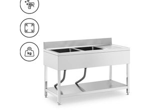 4062859232151 - Royal Catering - Spültisch 2 Becken zu je 400 x 400 x 250 mm Ablage Edelstahl-Spültisch Gastro