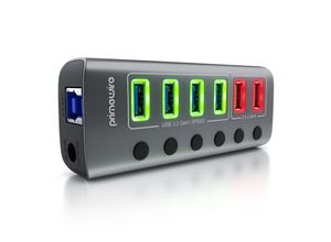 4062861070642 - Primewire - USB 32 Gen1 6 Port Hub aktiv schaltbar - mit Netzteil - 4 x USB 32 Gen1 2X USB 30 mit smart Charge (Ladeports) - Alugehäuse grau