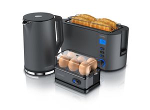 4062861804056 - Arendo 3-teiliges Frühstücksset Wasserkocher ELEGANT 15l 4-Scheiben Toaster 6er Eierkocher Grau