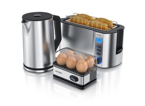 4062861804063 - Arendo Frühstücksset 3-teilig Wasserkocher 15 Liter 4-Scheiben Langschlitz Toaster MANHA 6er Eierkocher Silber