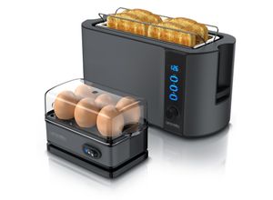 4062861804292 - Arendo 2-teiliges Frühstücksset - 4-Scheiben Langschlitz Toaster 6er Eierkocher Grau