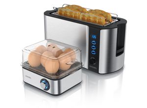 4062861804384 - Arendo 2-teiliges Frühstücksset - 4-Scheiben Langschlitz Toaster 8er Eierkocher Silber