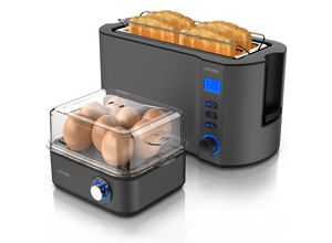 4062861804407 - Arendo Frühstücks-Set 8er Eierkocher + Langschlitz Toaster für 4 Scheiben Grau