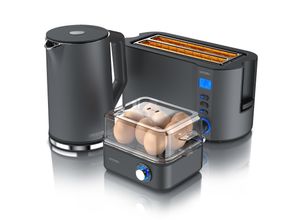 4062861804476 - Arendo Frühstücks-Set 3-teilig 4-Scheiben Langschlitztoaster 8er Eierkocher 15L Wasserkocher Grau