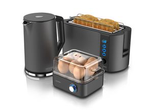 4062861804506 - Arendo 3-teiliges Frühstücksset - Wasserkocher 15l 4-Scheiben Toaster 8er Eierkocher Grau