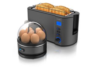 4062861841686 - Arendo - SET Toaster MANHA mit Eierkocher SEVENCOOK Edelstahl Grau Toaster 4 Scheiben LED-Display 6 Bräunungsgrade Brötchenhalter - Eierkocher 1-7