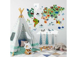 4063129112234 - K&l Wall Art - Wandtattoo Kinder Tierwelt große Weltkarte bunt 150x118cm Aufkleber selbstklebend