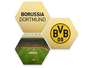 4063129188086 - Borussia Dortmund - Alu-Dibond Poster 3er Set Fußball Logo Signal Iduna Park bvb Wandbild Gold Metalloptik 25x22cm - gold