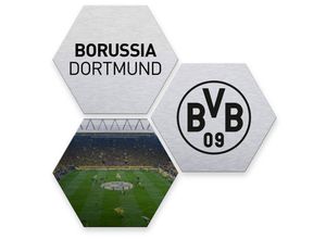 4063129188970 - Borussia Dortmund - Alu-Dibond Poster Fußball Logo 3er Set Signal Iduna Park bvb Vintage Silber Metalloptik 25x22cm - silber