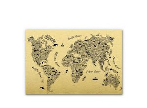 4063129189045 - K&l Wall Art - Metalloptik Weltkarte Gold beschriftet Wandbild Landkarte Ozean Waldtiere Alu-Dibond-Poster 100x70cm - gold