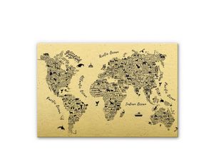 4063129189144 - K&l Wall Art - Metalloptik Weltkarte Gold beschriftet Wandbild Landkarte Ozean Waldtiere Alu-Dibond-Poster 60x40cm - gold