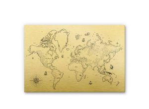 4063129189199 - K&l Wall Art - Metalloptik Weltkarte Gold Kompass Wandbild Landkarte Vintage Deko Schatzkarte 120x75cm - gold