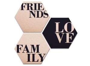 4063129193820 - K&l Wall Art - Hexagon Alu-Dibond Poster Kupfer Metalloptik Love Friends Family Retro Rosa Schwarz Wandbild 3er Set je 35x30cm - rosa