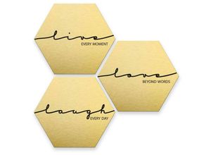 4063129194193 - K&l Wall Art - Hexagon Alu-Dibond Poster Gold Metalloptik Live Laugh Love Wandbild Retro Deko Schriftzug 3er Set je 35x30cm - gold