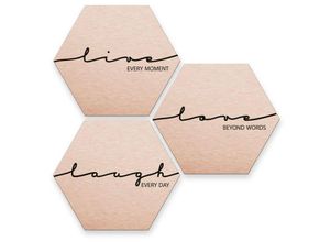 4063129194223 - K&l Wall Art - Hexagon Alu-Dibond Poster Kupfer Metalloptik Live Laugh Love Wandbild Vintage Deko Schriftzug 3er Set je 35x30cm - rosa