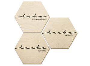 4063129196135 - K&l Wall Art - Hexagon Holzbild Birke naturbelassen Lebe Lache Liebe Wandbild Vintage Schriftzug 3er Set je 25x22cm - beige