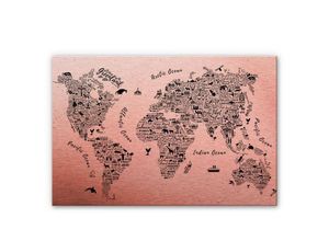 4063129196234 - Metalloptik Weltkarte Kupfer beschriftet Wandbild Landkarte Ozean Fische Waldtiere 100x70cm - rosa