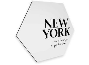 4063129196272 - K&l Wall Art - Hexagon Alu-Dibond Poster New York Schriftzug Stadt Typografie Retro Deko ny Wandbild usa 55x47cm - weiß