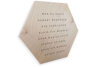 4063129196449 - K&l Wall Art - Hexagon Holzbild Birke naturbelassen Heute erleben Zitat Wandbild Schriftzug Holz Deko 55x47cm - beige