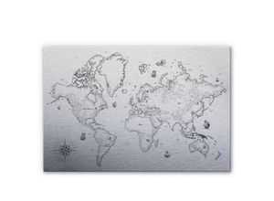 4063129196715 - K&l Wall Art - Metalloptik Weltkarte Silber Kompass Wandbild Landkarte Vintage Deko Schatzkarte 60x40cm - silber