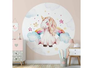 4063129198931 - K&l Wall Art - Runde Fototapete Kvilis Kinderzimmer Einhorn Vliestapete Regenbogen Tapete ø 140cm - weiß