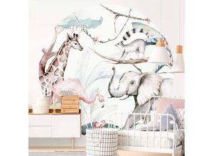 4063129199006 - K&l Wall Art - Runde Fototapete Kvilis Kinderzimmer Tiere Giraffe Vliestapete Elefant Tapete ø 236cm - weiß