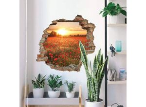 4063129199150 - K&l Wall Art - 3D Wandtattoo Wohnzimmer Mohnfeld im Sonnenuntergang Wandsticker Panorama Mauerdurchbruch selbstklebend 120x114cm - bunt