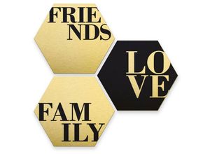 4063129202522 - K&l Wall Art - Hexagon Alu-Dibond Poster Gold Metalloptik Love Friends Family Wandbild Retro Schriftzug Deko 3er Set je 25x22cm - gold