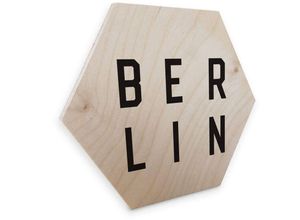 4063129203680 - K&l Wall Art - Hexagon Holzbild Birke naturbelassen Typografie Berlin Stadt Wandbild Holz Vintage Deko 25x22cm - beige