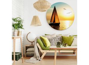 4063129206483 - Alu-Dibond-Poster Rund Metalloptik Wandbild Maritim Deko Segelboot Sonnenuntergang Urlaub ø 45cm - orange