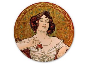 4063129206490 - K&l Wall Art - Alu-Dibond-Poster Rund Metalloptik Wandbild Art Nouveau Poster Edelsteine Rubin Portrait Mucha ø 30cm - braun