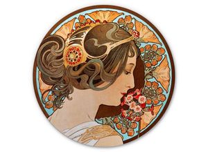 4063129207978 - K&l Wall Art - Alu-Dibond-Poster Rund Metalloptik Wandbild Schlüsselblume Art Nouveau Deko Blumen Mucha ø 45cm - braun