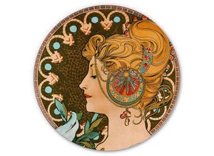 4063129208029 - K&l Wall Art - Alu-Dibond-Poster Rund Metalloptik Wandbild Feder Mosaik Art Nouveau Deko Portrait Mucha ø 45cm - braun