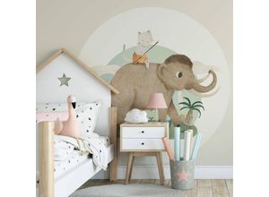 4063129208708 - Runde Fototapete Loske Elefant und Katze Tapete Kinder Vliestapete Wandbild Ø 140cm - bunt