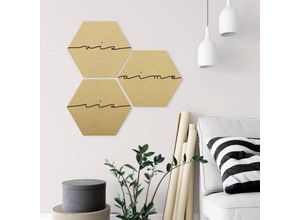 4063129209613 - K&l Wall Art - Hexagon Alu-Dibond Poster Gold Wandbild Vis Ris Aime Schriftzug Leben Lachen Lieben 3er Set je 25x22cm - gold