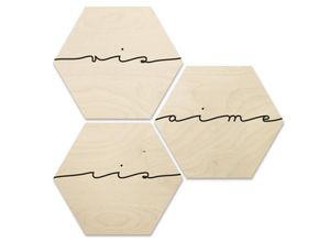 4063129212552 - K&l Wall Art - Hexagon Holzbild Birke naturbelassen Vis Ris Aime Schriftzug Leben Lachen Lieben 3er Set je 35x30cm - beige