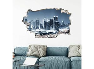 4063129214334 - K&l Wall Art - 3D Wandtattoo Wohnzimmer New York at Night Skyline Wandsticker ny Fotografie Mauerdurchbruch selbstklebend 120x73cm - blau