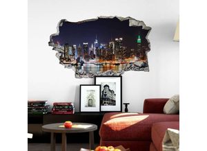 4063129214440 - K&l Wall Art - 3D Wandtattoo Wohnzimmer New York at Night Skyline Wandsticker ny Fotografie Mauerdurchbruch selbstklebend 120x73cm - bunt