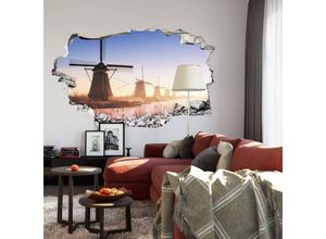 4063129214570 - K&l Wall Art - 3D Wandtattoo Wohnzimmer Pablo Kinderdijk Windmühle Holland Morgennebel Mauerdurchbruch selbstklebend 80x49cm - bunt