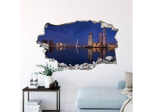 4063129214617 - K&l Wall Art - 3D Wandtattoo Wohnzimmer Pablo Niederlande Skyline bei Nacht Rotterdam Mauerdurchbruch selbstklebend 120x73cm - blau