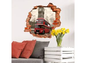 4063129215010 - K&l Wall Art - 3D Wandtattoo Wohnzimmer roter Bus Städtereise London Wandsticker Vintage Turm Mauerdurchbruch selbstklebend 80x76cm - rot