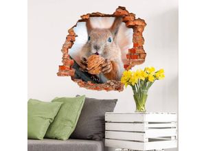 4063129215478 - K&l Wall Art - 3D Wandtattoo Wohnzimmer Waldtiere Wandsticker Kinder Eichhörnchen mit Nuss Mauerdurchbruch selbstklebend 100x95cm - bunt