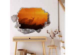 4063129215584 - K&l Wall Art - 3D Wandtattoo Wohnzimmer Hirsche im Sonnenuntergang Waldtiere Reh Geweih Mauerdurchbruch selbstklebend 40x27cm - bunt