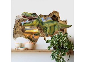 4063129216284 - K&l Wall Art - 3D Wandtattoo Wohnzimmer Kinderzimmer Dinosaurier T-Rex Dino Steinzeit Planet Mauerdurchbruch selbstklebend 100x61cm - grün