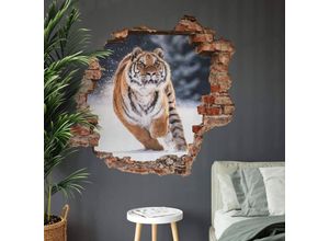 4063129216598 - K&l Wall Art - 3D Wandtattoo Wohnzimmer van Duijn wilde Tiere Sibirischer Tiger im Schnee Mauerdurchbruch selbstklebend 60x57cm - braun