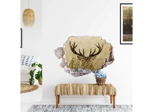 4063129216697 - K&l Wall Art - 3D Wandtattoo Wohnzimmer Waldtiere Geweih Wachsamer Hirsch sepia Wald Wiese Mauerdurchbruch selbstklebend 40x27cm - beige