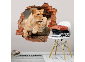 4063129216826 - 3D Wandtattoo Wohnzimmer Wilde Tiere Löwe Safari Kinderzimmer Afrikanische Löwin Mauerdurchbruch selbstklebend 120x114cm - bunt